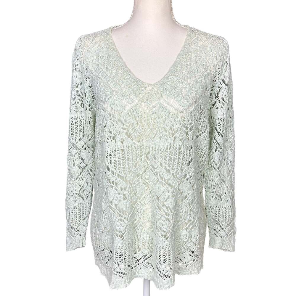 Joseph A Top Sz Large Crochet Mint Green Cotton Boho Coquette Open Knit Sweater